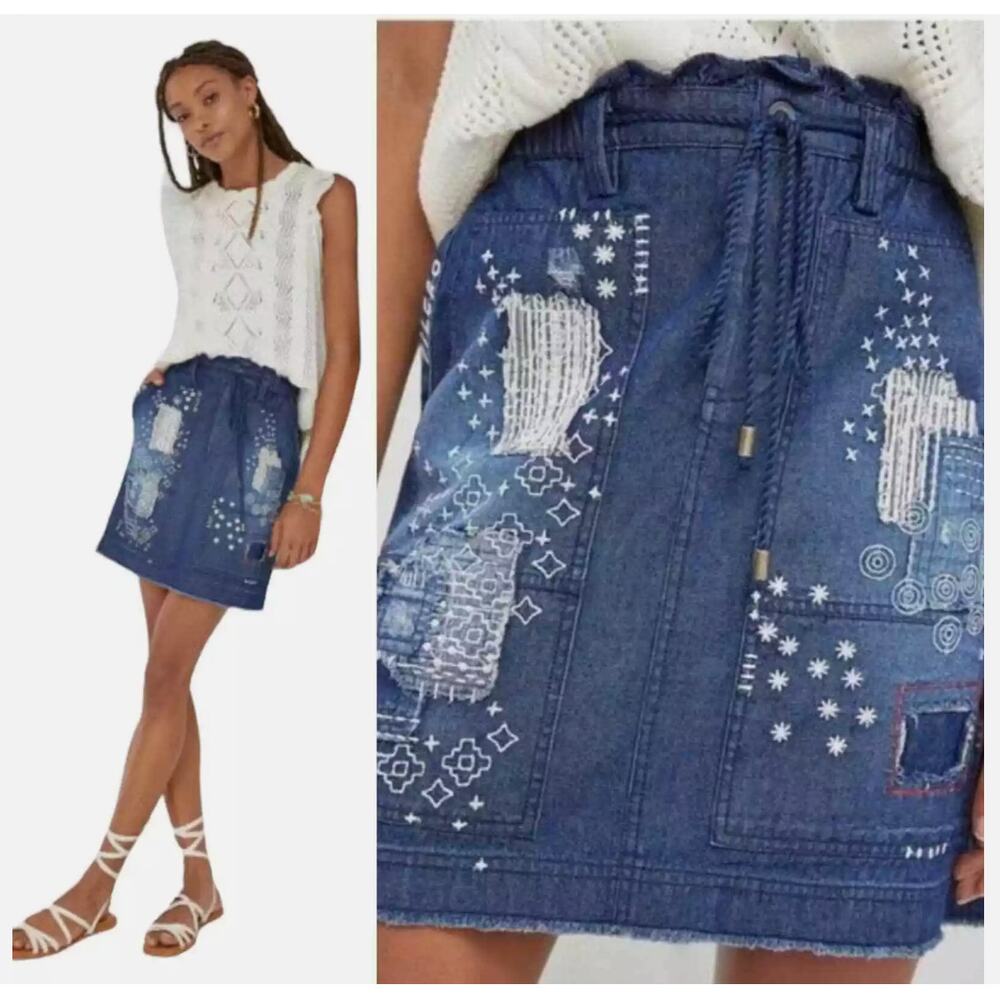 Pilcro Anthropologie Women's Patchwork Denim Skirt Blue M Tie Waist